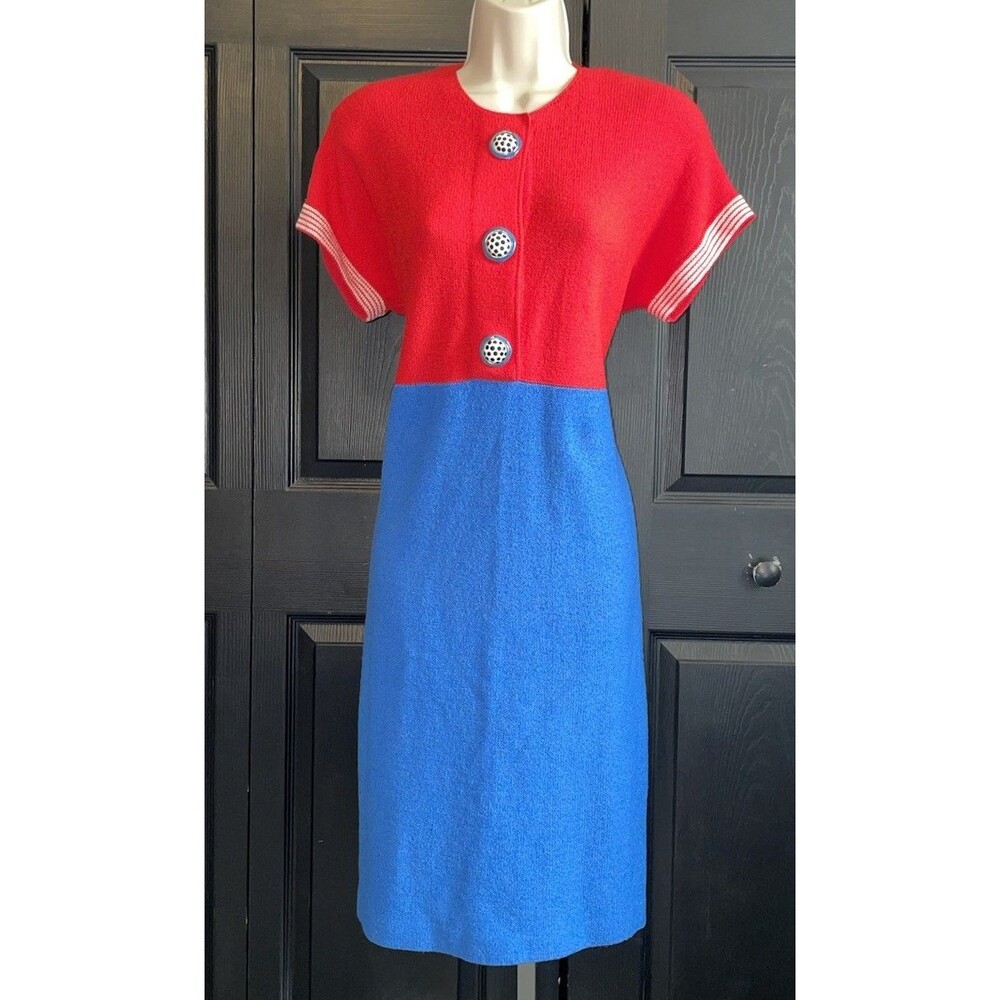 Steve Fabrikant 80s Colorblock Sweater Dress Red Blue Statement Buttons S/M